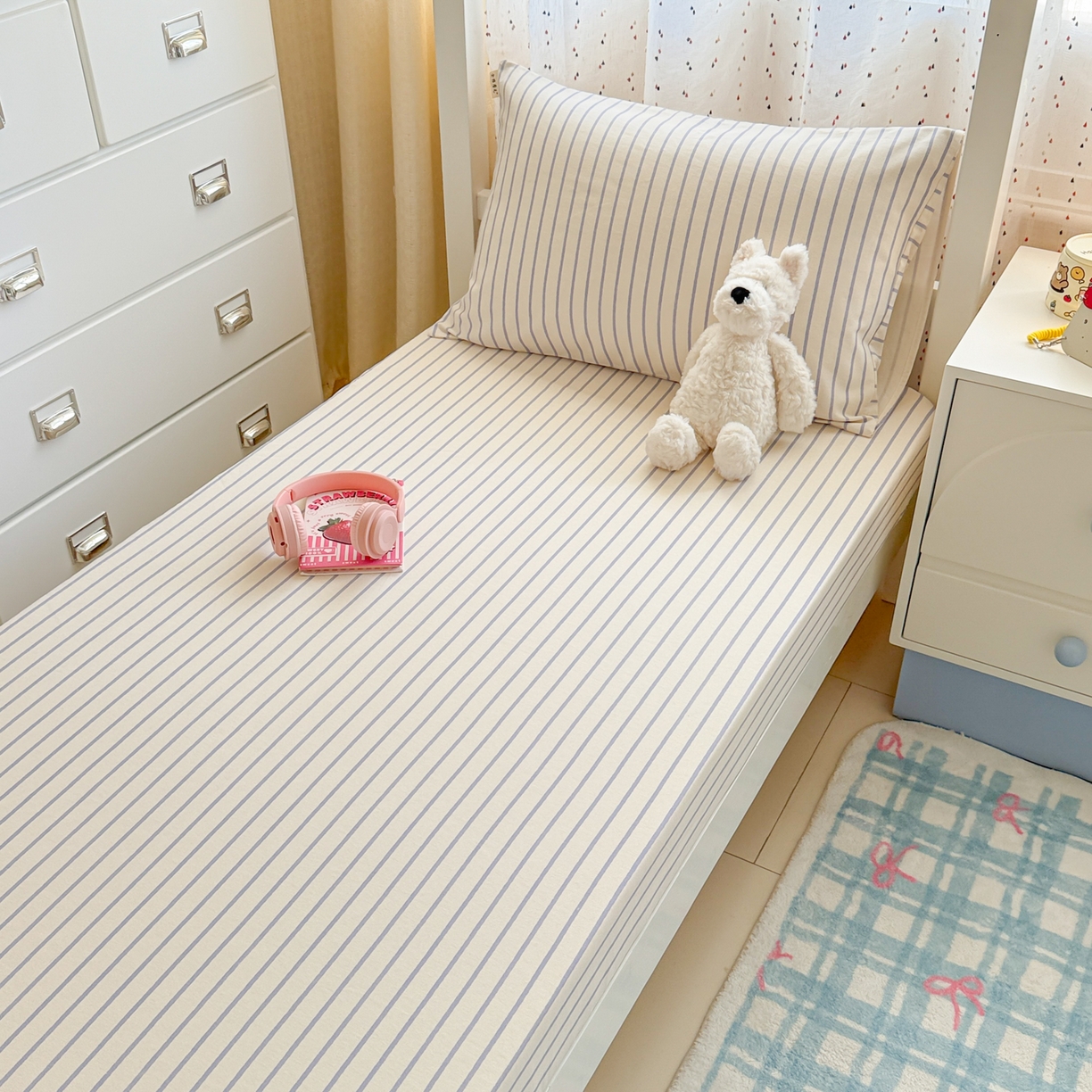 91家纺网 家纺一手货源 找家纺 简宜家居（朝初家纺） 2025新款全棉纯棉磨毛加厚A版学生床笠单品床笠单件单床笠-线素系列 线素-蓝