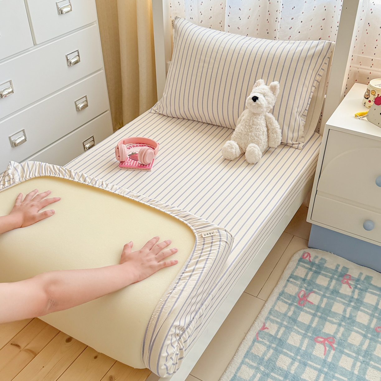 91家纺网 家纺一手货源 找家纺 简宜家居（朝初家纺） 2025新款全棉纯棉磨毛加厚A版学生床笠单品床笠单件单床笠-线素系列 线素-蓝