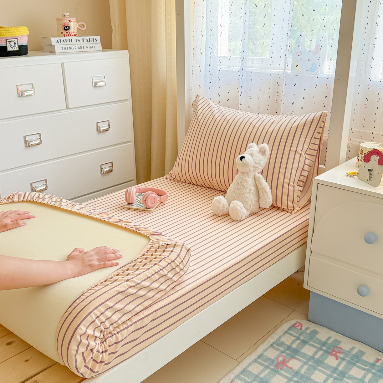 简宜家居（朝初家纺） 2025新款全棉纯棉磨毛加厚A版学生床笠单品床笠单件单床笠-线素系列 线素-浅紫