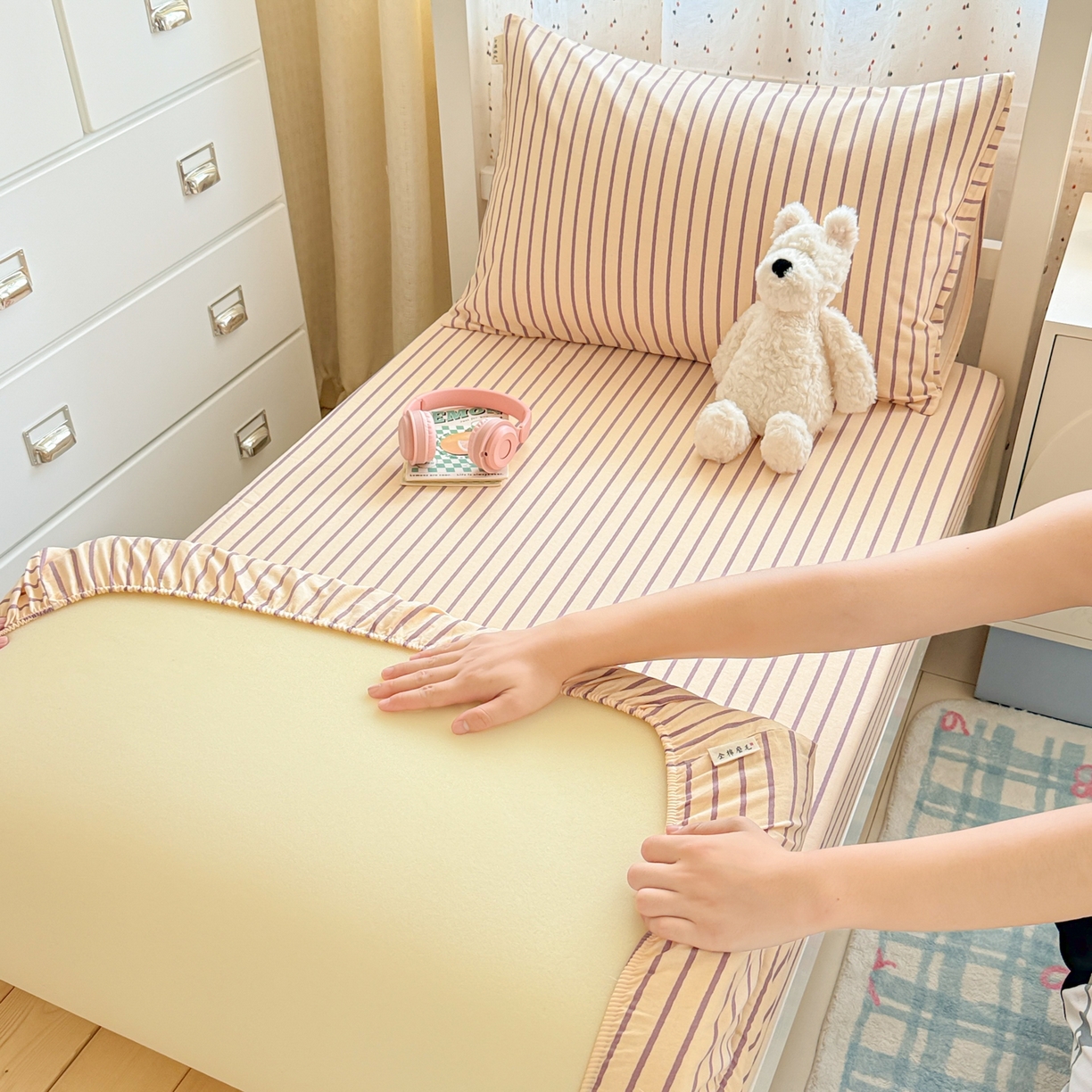 91家纺网 家纺一手货源 找家纺 简宜家居（朝初家纺） 2025新款全棉纯棉磨毛加厚A版学生床笠单品床笠单件单床笠-线素系列 线素-浅紫