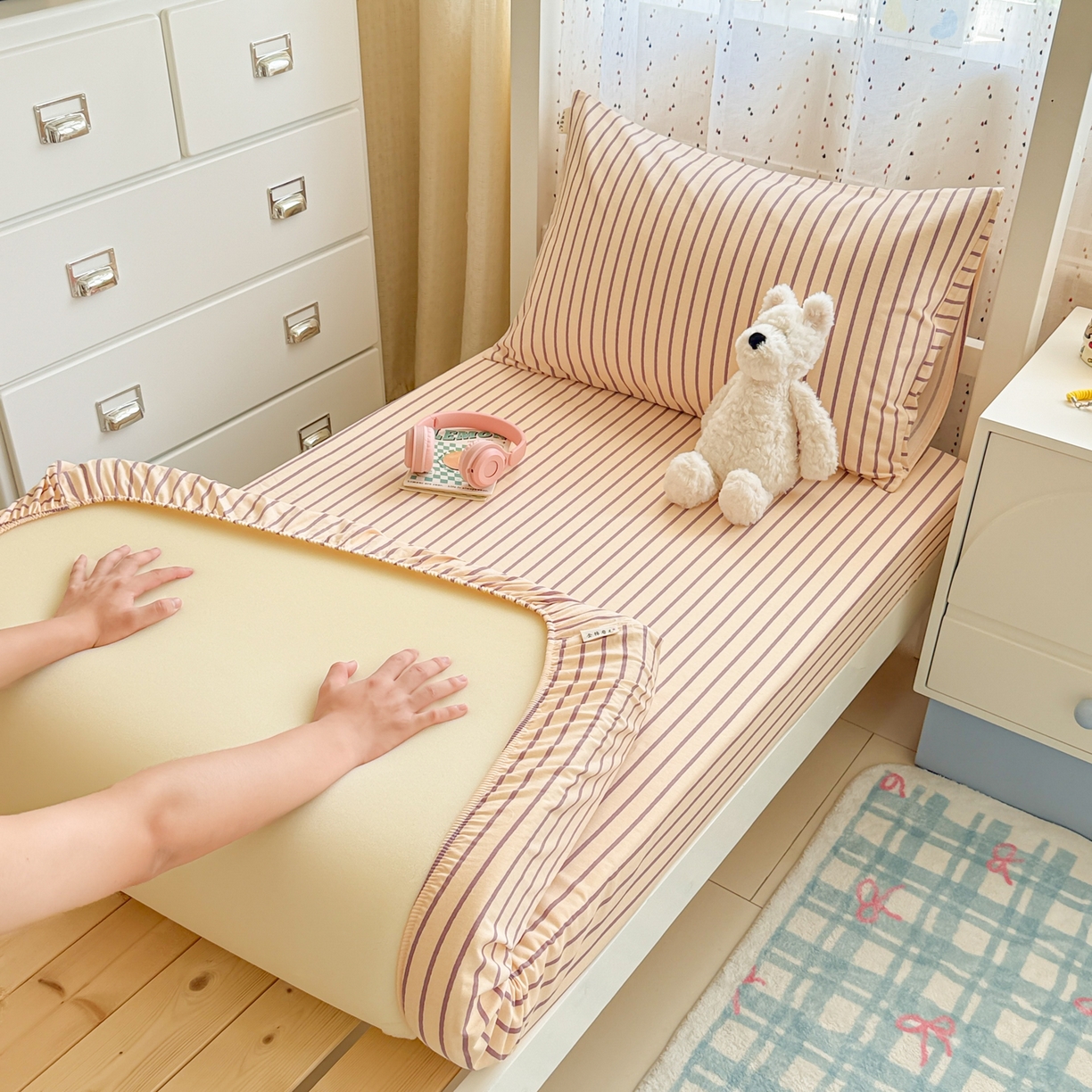 91家纺网 家纺一手货源 找家纺 简宜家居（朝初家纺） 2025新款全棉纯棉磨毛加厚A版学生床笠单品床笠单件单床笠-线素系列 线素-浅紫