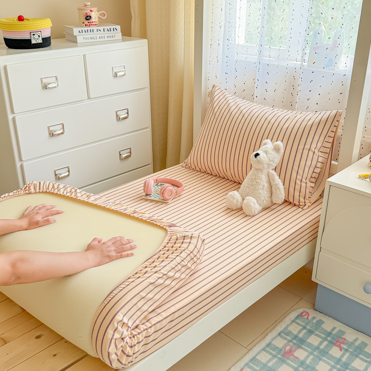 91家纺网 家纺一手货源 找家纺 简宜家居（朝初家纺） 2025新款全棉纯棉磨毛加厚A版学生床笠单品床笠单件单床笠-线素系列 线素-浅紫