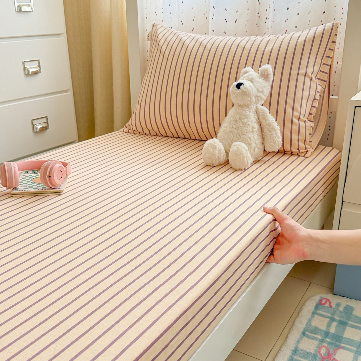 91家纺网 家纺一手货源 找家纺 简宜家居（朝初家纺） 2025新款全棉纯棉磨毛加厚A版学生床笠单品床笠单件单床笠-线素系列 线素-浅紫