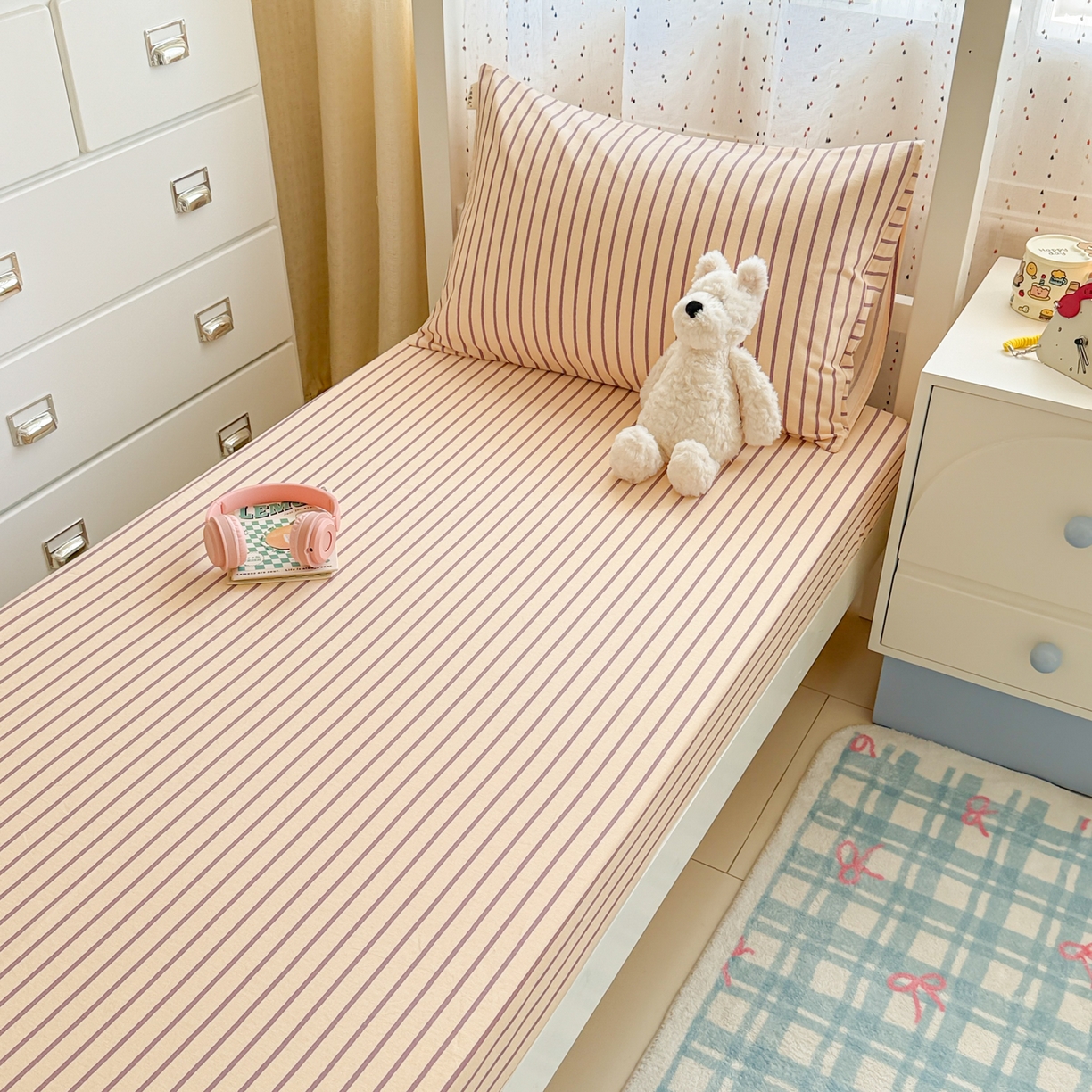 91家纺网 家纺一手货源 找家纺 简宜家居（朝初家纺） 2025新款全棉纯棉磨毛加厚A版学生床笠单品床笠单件单床笠-线素系列 线素-浅紫