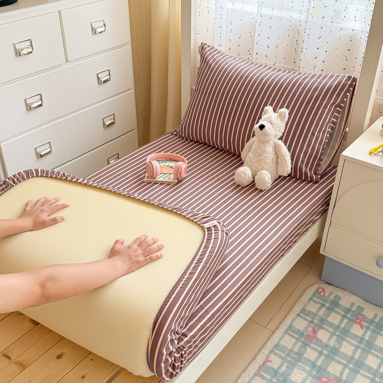 91家纺网 家纺一手货源 找家纺 简宜家居（朝初家纺） 2025新款全棉纯棉磨毛加厚A版学生床笠单品床笠单件单床笠-线素系列 线素-微醺紫