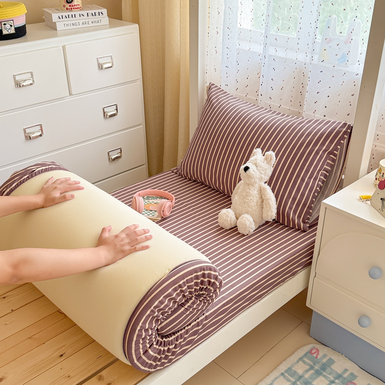 91家纺网 家纺一手货源 找家纺 简宜家居（朝初家纺） 2025新款全棉纯棉磨毛加厚A版学生床笠单品床笠单件单床笠-线素系列 线素-微醺紫