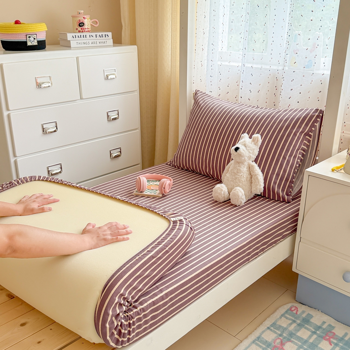 91家纺网 家纺一手货源 找家纺 简宜家居（朝初家纺） 2025新款全棉纯棉磨毛加厚A版学生床笠单品床笠单件单床笠-线素系列 线素-微醺紫