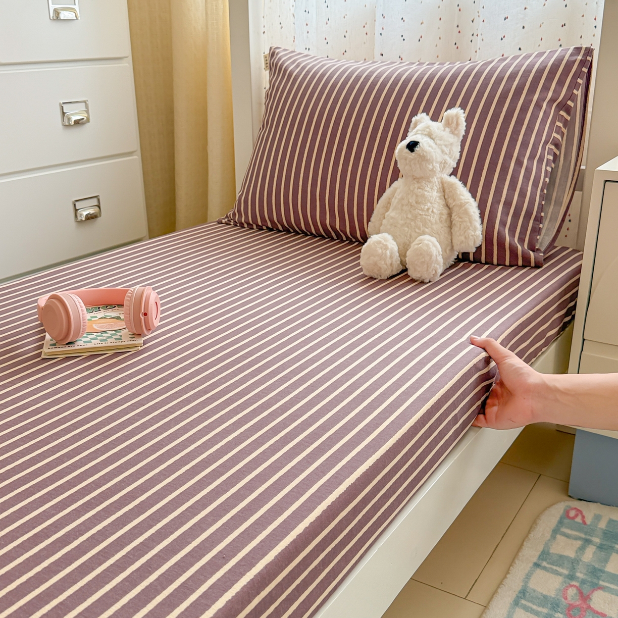 91家纺网 家纺一手货源 找家纺 简宜家居（朝初家纺） 2025新款全棉纯棉磨毛加厚A版学生床笠单品床笠单件单床笠-线素系列 线素-微醺紫