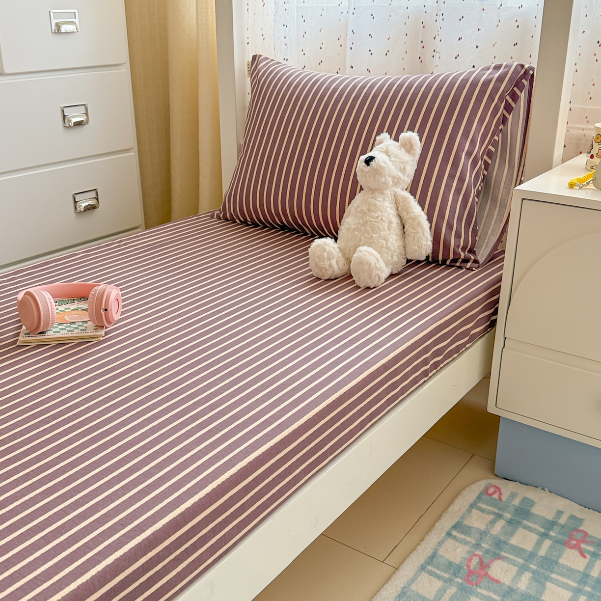 91家纺网 家纺一手货源 找家纺 简宜家居（朝初家纺） 2025新款全棉纯棉磨毛加厚A版学生床笠单品床笠单件单床笠-线素系列 线素-微醺紫