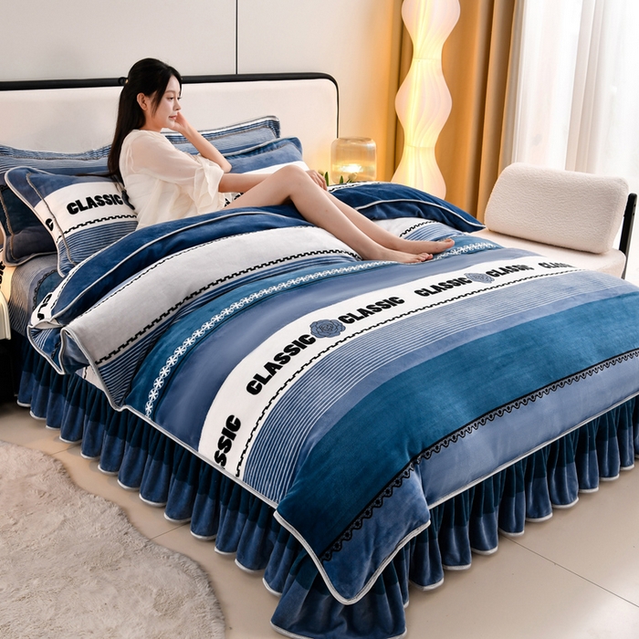 91家纺网 家纺一手货源 找家纺 新8.5-9.5斤法莱绒四件套珊瑚牛奶金貂绒四件套床裙 夏兰