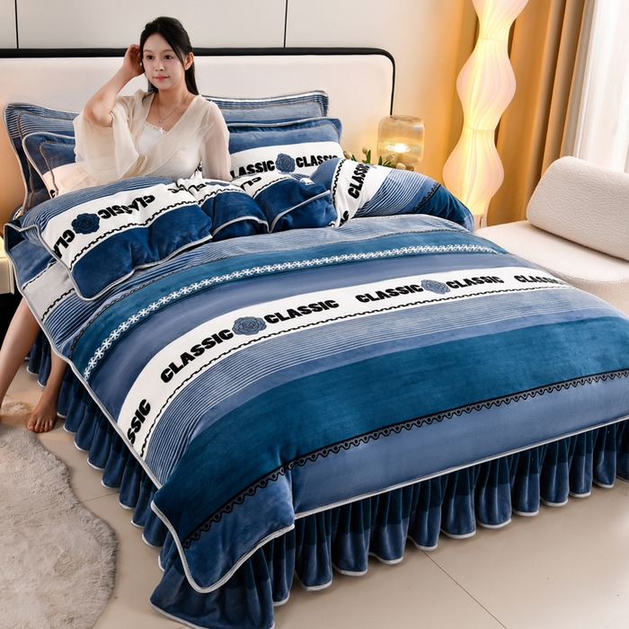 91家纺网 家纺一手货源 找家纺 新8.5-9.5斤法莱绒四件套珊瑚牛奶金貂绒四件套床裙 夏兰