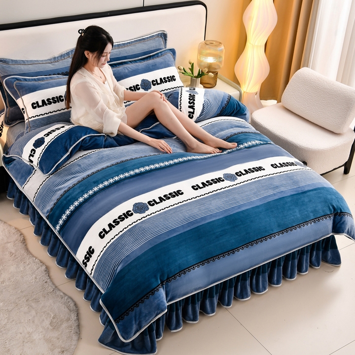 91家纺网 家纺一手货源 找家纺 新8.5-9.5斤法莱绒四件套珊瑚牛奶金貂绒四件套床裙 夏兰