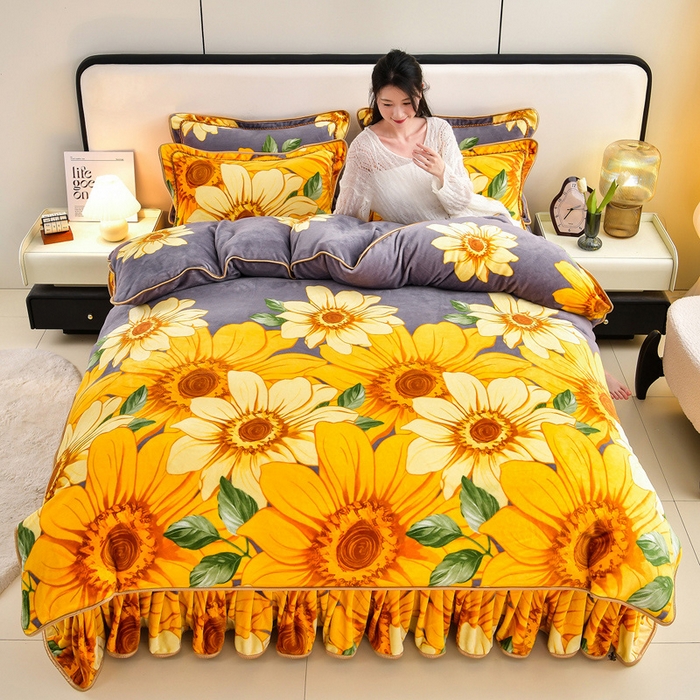  新8.5-9.5斤法莱绒四件套珊瑚牛奶金貂绒四件套床裙 向阳花开