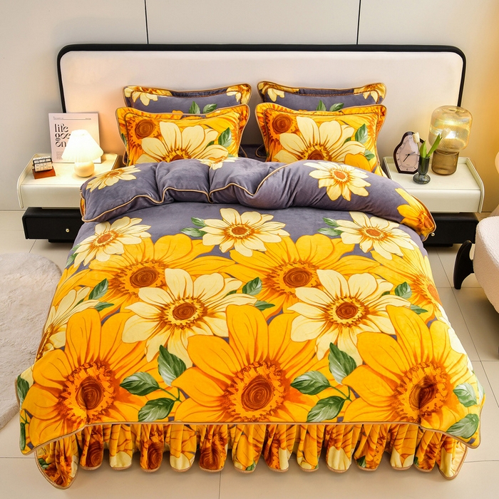 91家纺网 家纺一手货源 找家纺 新8.5-9.5斤法莱绒四件套珊瑚牛奶金貂绒四件套床裙 向阳花开