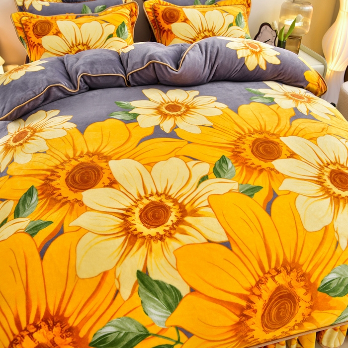 91家纺网 家纺一手货源 找家纺 新8.5-9.5斤法莱绒四件套珊瑚牛奶金貂绒四件套床裙 向阳花开