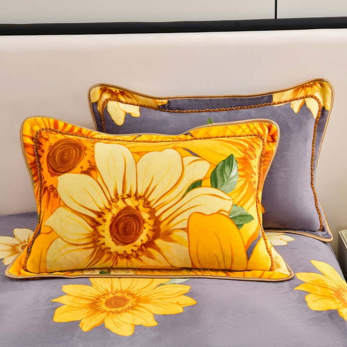 91家纺网 家纺一手货源 找家纺 新8.5-9.5斤法莱绒四件套珊瑚牛奶金貂绒四件套床裙 向阳花开