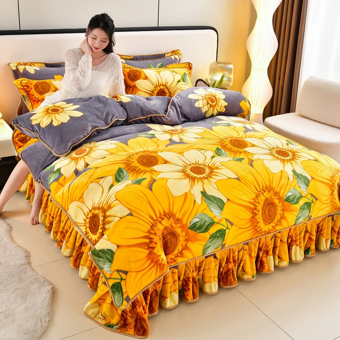 91家纺网 家纺一手货源 找家纺 新8.5-9.5斤法莱绒四件套珊瑚牛奶金貂绒四件套床裙 向阳花开