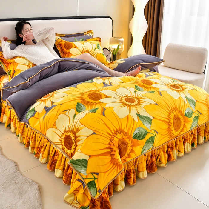 91家纺网 家纺一手货源 找家纺 新8.5-9.5斤法莱绒四件套珊瑚牛奶金貂绒四件套床裙 向阳花开