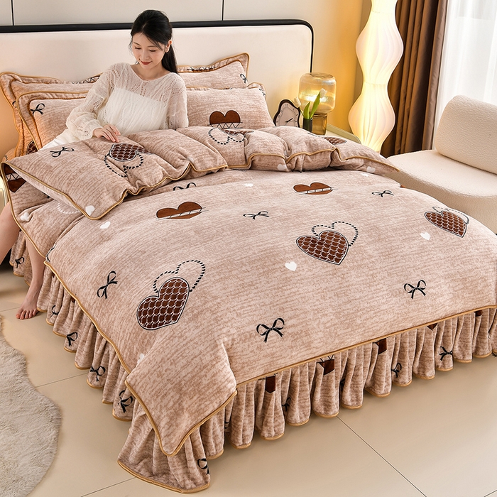 91家纺网 家纺一手货源 找家纺 新8.5-9.5斤法莱绒四件套珊瑚牛奶金貂绒四件套床裙 心语