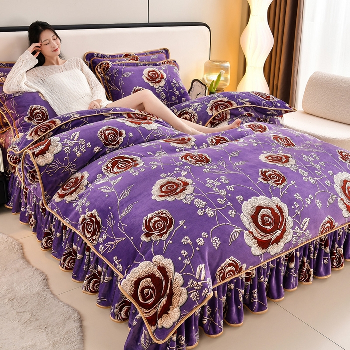 91家纺网 家纺一手货源 找家纺 新8.5-9.5斤法莱绒四件套珊瑚牛奶金貂绒四件套床裙 幸福花开