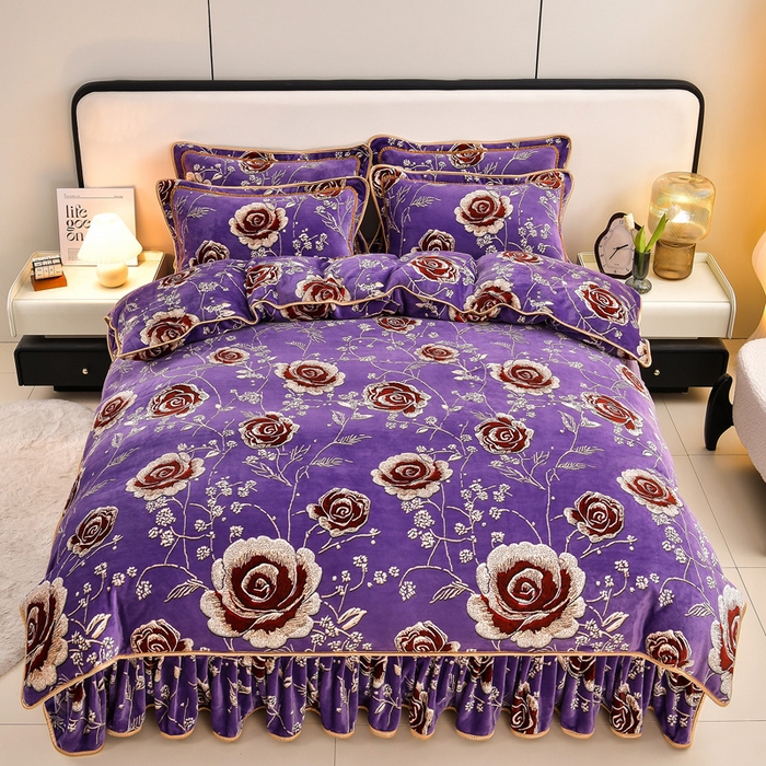 91家纺网 家纺一手货源 找家纺 新8.5-9.5斤法莱绒四件套珊瑚牛奶金貂绒四件套床裙 幸福花开