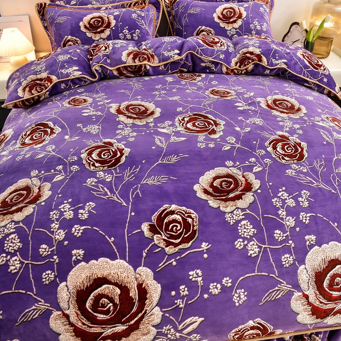 91家纺网 家纺一手货源 找家纺 新8.5-9.5斤法莱绒四件套珊瑚牛奶金貂绒四件套床裙 幸福花开