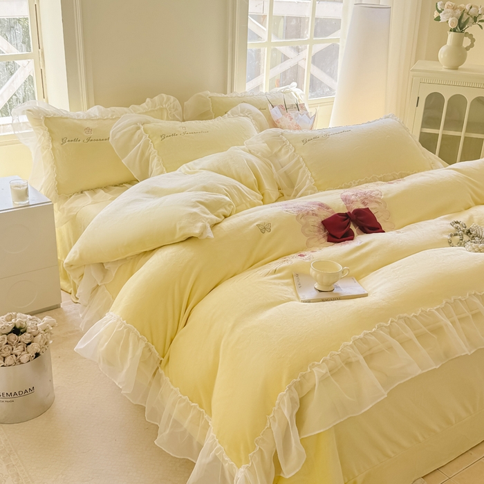 锦格家纺 2025新款牛奶绒刺绣四件套-瑟兰蝶 瑟兰蝶-黄