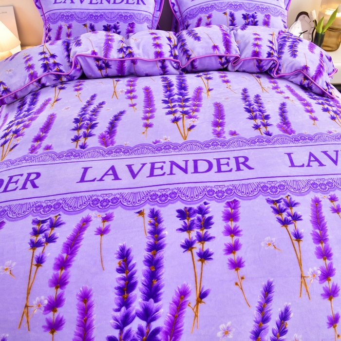 91家纺网 家纺一手货源 找家纺 新8.5-9.5斤法莱绒四件套珊瑚牛奶金貂绒四件套床裙 薰衣草