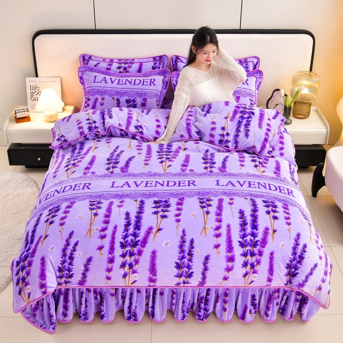 新8.5-9.5斤法莱绒四件套珊瑚牛奶金貂绒四件套床裙 薰衣草