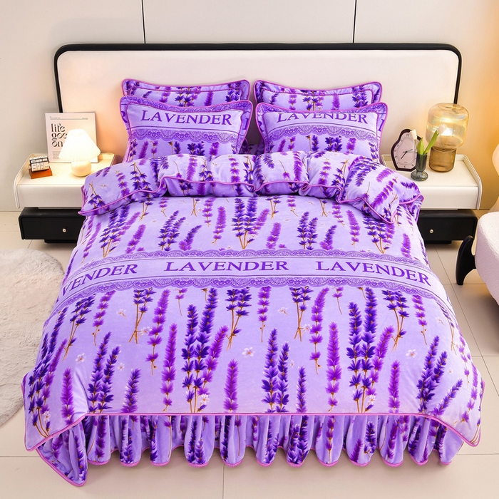 91家纺网 家纺一手货源 找家纺 新8.5-9.5斤法莱绒四件套珊瑚牛奶金貂绒四件套床裙 薰衣草