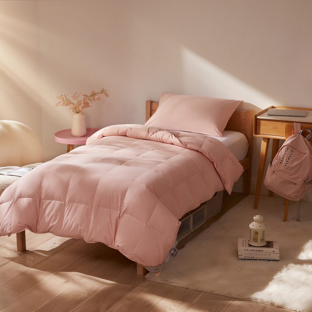 圣梦莱羽绒家纺 2025新款学生季羽绒被A类可水洗90鸭绒被可裸睡春秋被四季被地暖被 单人羽绒四季被（粉）