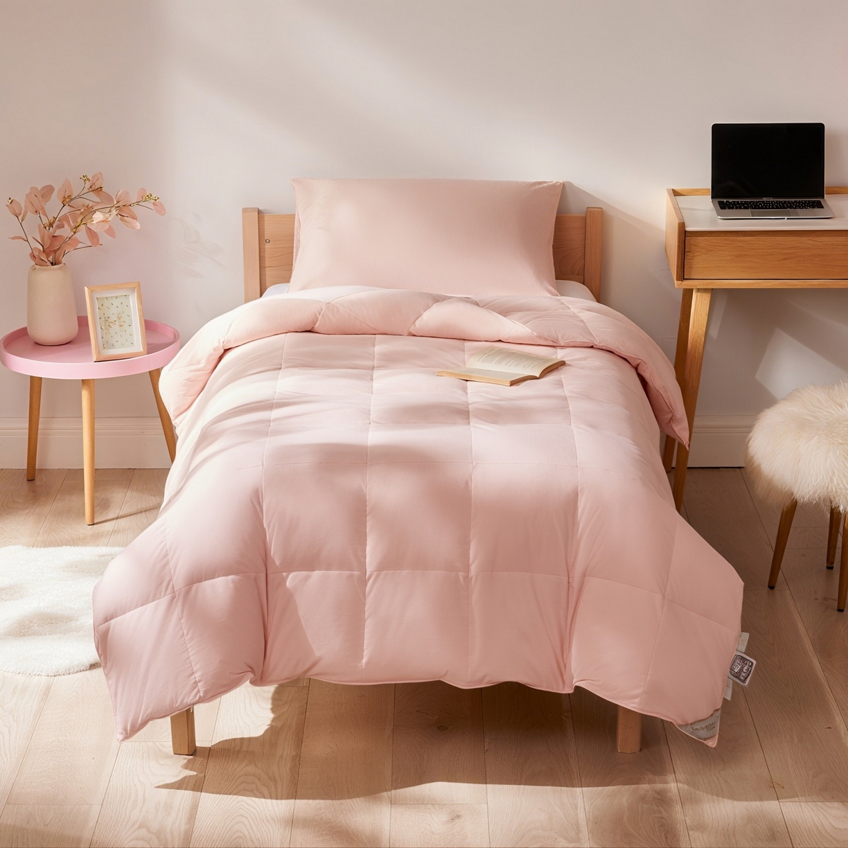 91家纺网 家纺一手货源 找家纺 圣梦莱羽绒家纺 2025新款学生季羽绒被A类可水洗90鸭绒被可裸睡春秋被四季被地暖被 单人羽绒四季被（粉）