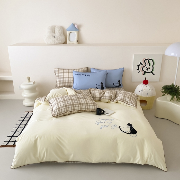 91家纺网 家纺一手货源 找家纺 如一 2025新款A类全棉纯棉色织水洗棉刺绣数码四件套 苹安