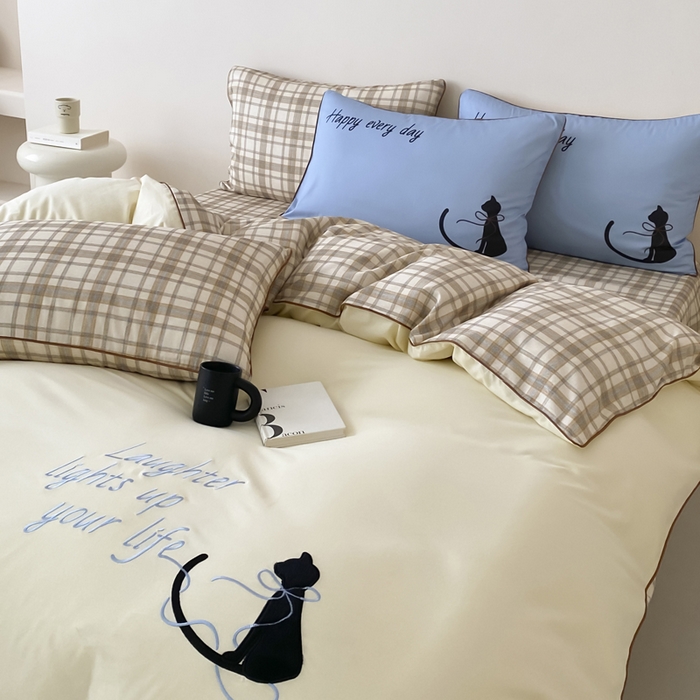 91家纺网 家纺一手货源 找家纺 如一 2025新款A类全棉纯棉色织水洗棉刺绣数码四件套 苹安