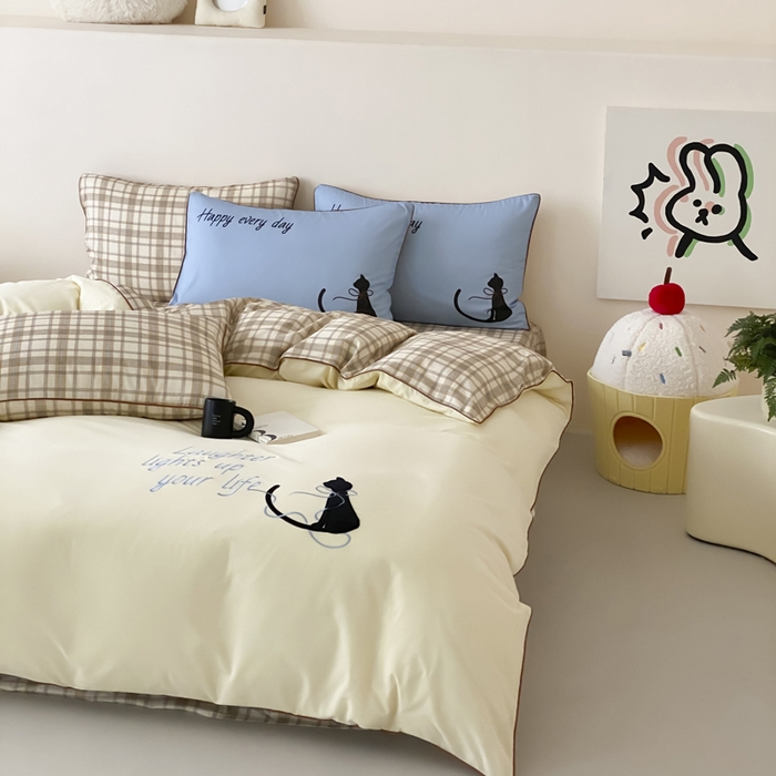 91家纺网 家纺一手货源 找家纺 如一 2025新款A类全棉纯棉色织水洗棉刺绣数码四件套 苹安