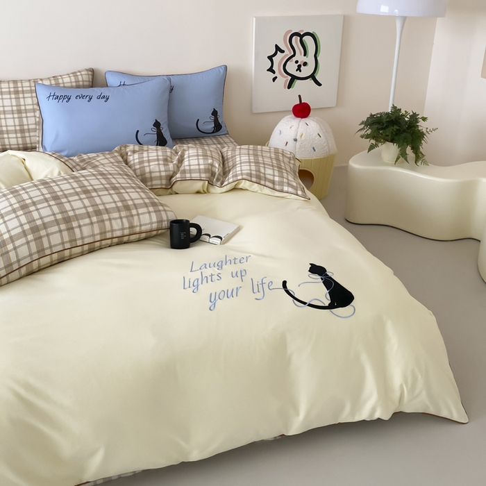 91家纺网 家纺一手货源 找家纺 如一 2025新款A类全棉纯棉色织水洗棉刺绣数码四件套 苹安