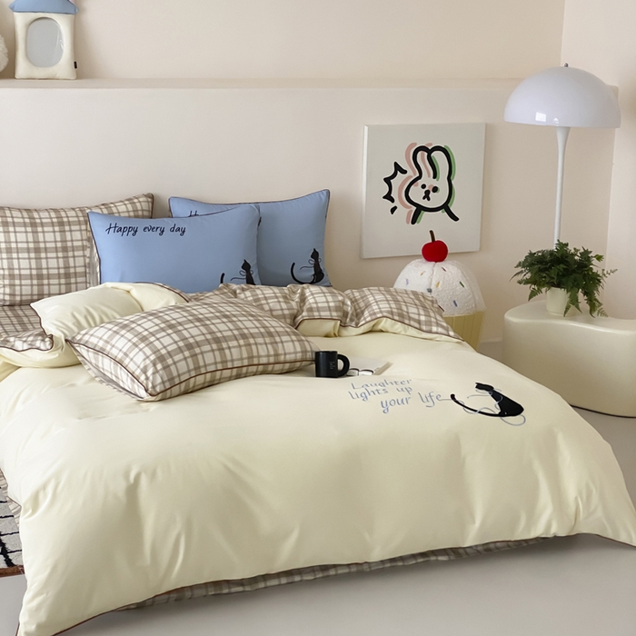 91家纺网 家纺一手货源 找家纺 如一 2025新款A类全棉纯棉色织水洗棉刺绣数码四件套 苹安