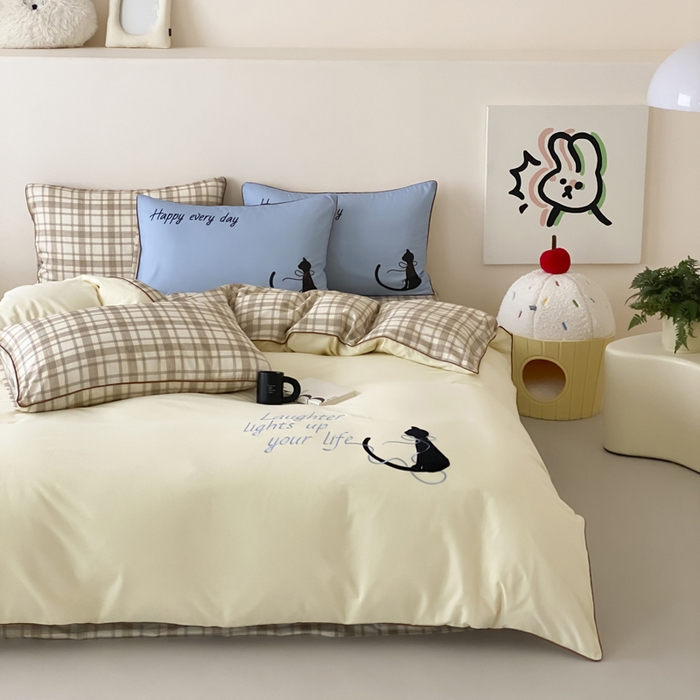 91家纺网 家纺一手货源 找家纺 如一 2025新款A类全棉纯棉色织水洗棉刺绣数码四件套 苹安