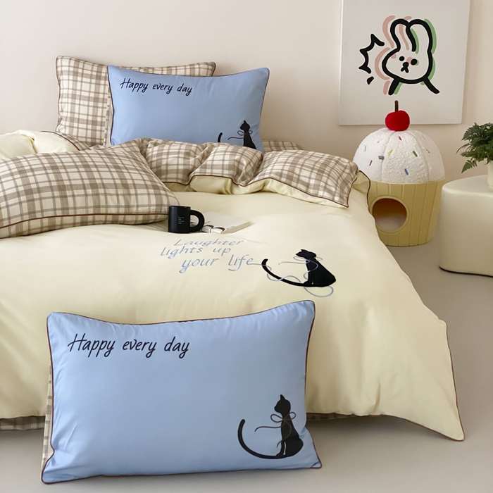 91家纺网 家纺一手货源 找家纺 如一 2025新款A类全棉纯棉色织水洗棉刺绣数码四件套 苹安