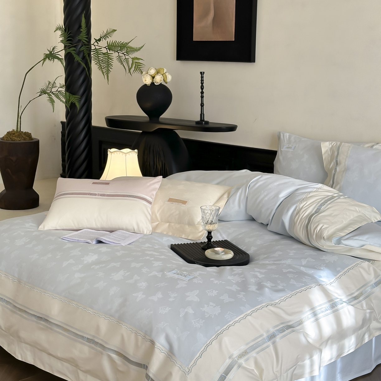 91家纺网 家纺一手货源 找家纺 初拾 2025新款100s全棉小法式提花绣花四件套-舒芙蕾 舒芙蕾（棉）-海边蓝