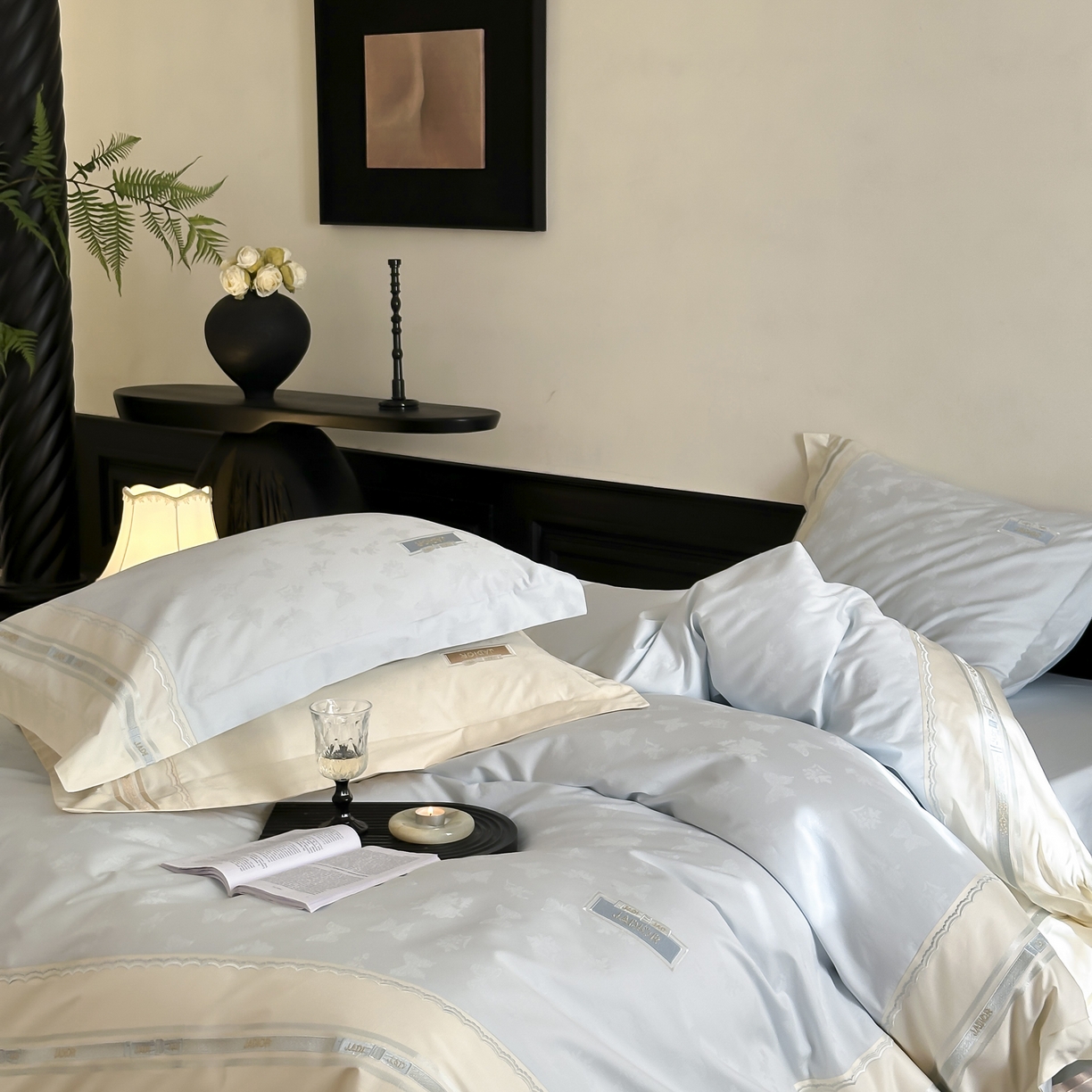 91家纺网 家纺一手货源 找家纺 初拾 2025新款100s全棉小法式提花绣花四件套-舒芙蕾 舒芙蕾（棉）-海边蓝