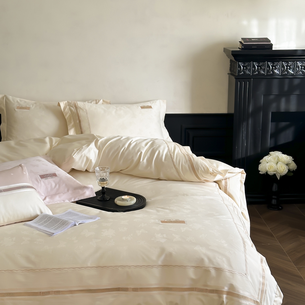 91家纺网 家纺一手货源 找家纺 初拾 2025新款100s全棉小法式提花绣花四件套-舒芙蕾 舒芙蕾（棉）-奶昔白