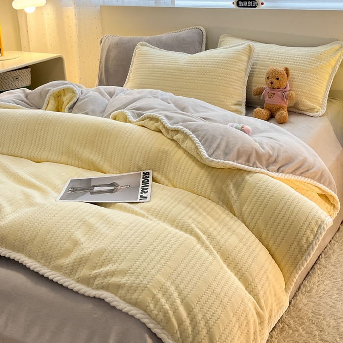 91家纺网 家纺一手货源 找家纺 蓝极人 2025新款成品提花包边牛奶绒四件套 提花-黄灰