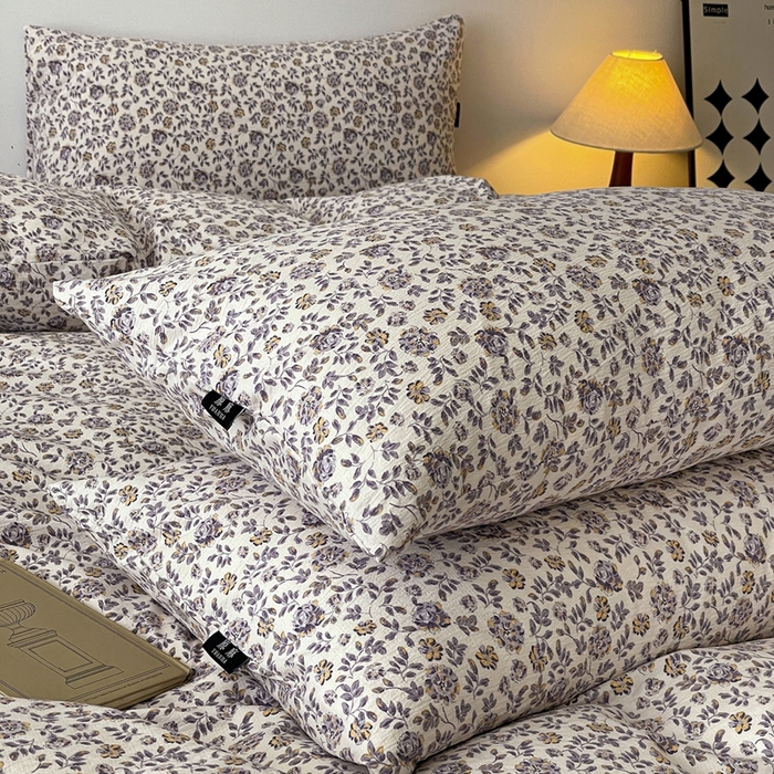 91家纺网 家纺一手货源 找家纺 一比一家纺 2025秋冬新款高克重棉麻原麻复古诧季风原麻四件套-简单款 花予紫