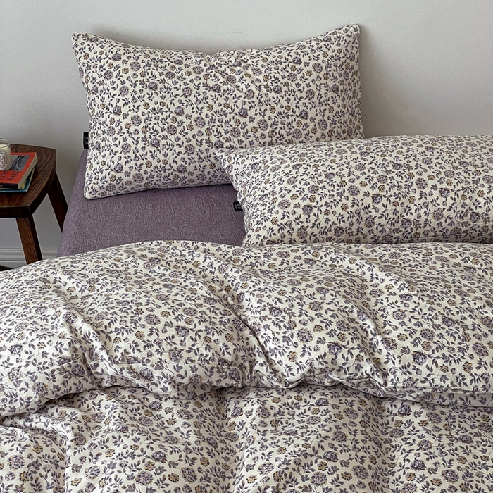 91家纺网 家纺一手货源 找家纺 一比一家纺 2025秋冬新款高克重棉麻原麻复古诧季风原麻四件套-简单款 花予紫