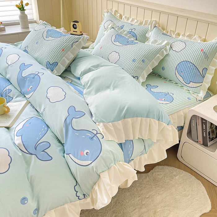 91家纺网 家纺一手货源 找家纺 伊人坊2025新款A类唯美纯棉印花夹棉床笠 纯棉+蓝鲸鱼