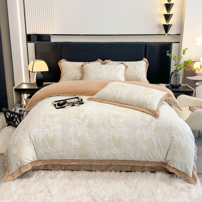 91家纺网 家纺一手货源 找家纺 梦精灵家纺 2025新款高克重加厚雕花牛奶绒四件套 瑞竹