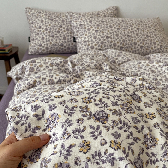 91家纺网 家纺一手货源 找家纺 一比一家纺 2025秋冬新款高克重棉麻原麻复古诧季风原麻四件套-简单款 花予紫