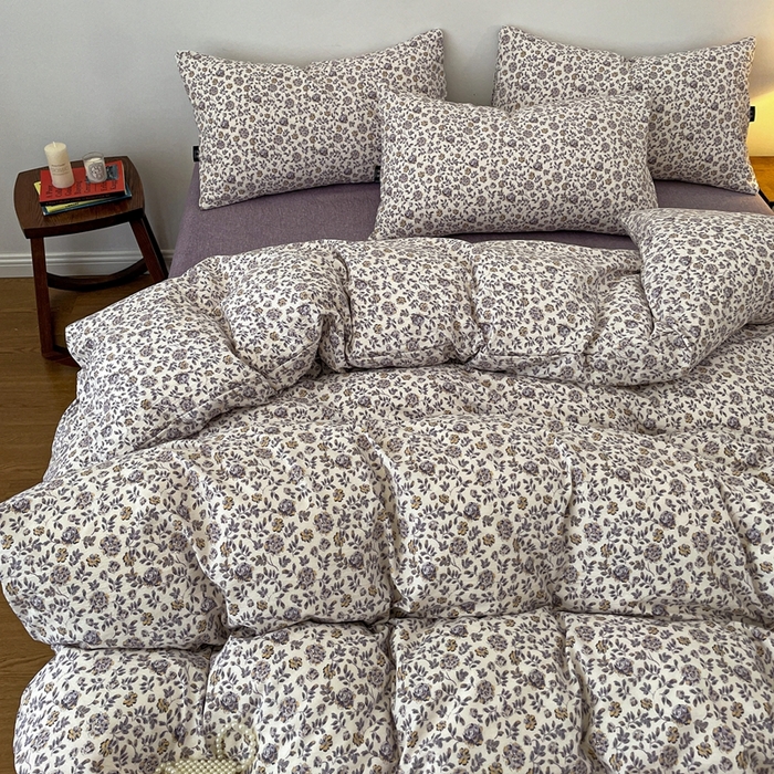 91家纺网 家纺一手货源 找家纺 一比一家纺 2025秋冬新款高克重棉麻原麻复古诧季风原麻四件套-简单款 花予紫