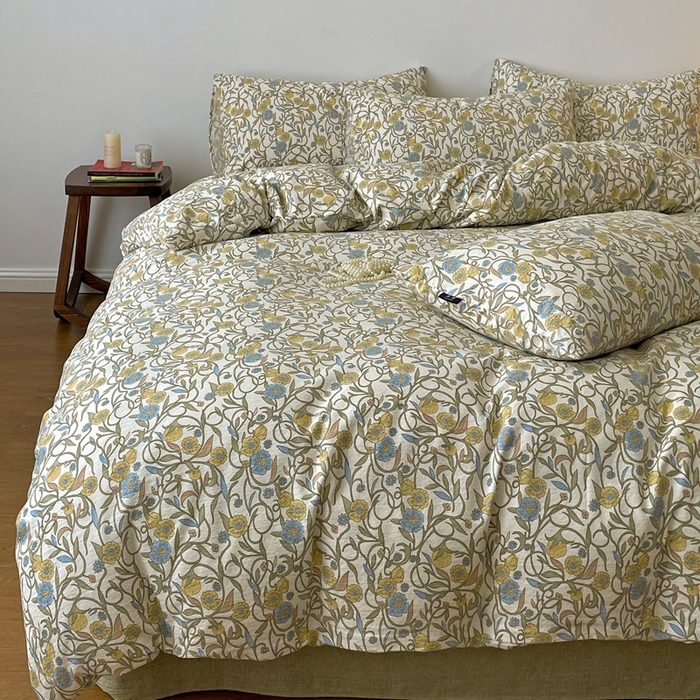 91家纺网 家纺一手货源 找家纺 一比一家纺 2026秋冬新款高克重棉麻原麻复古诧季风原麻四件套-简单款 秘境绿